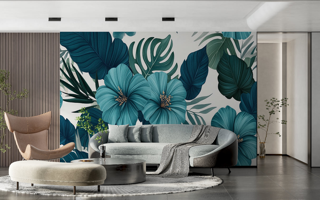 Tropical flower wallpaper making a statement in a home office with clean lines