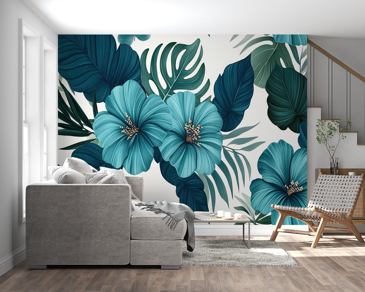 Monstera leaf wallpaper adding fresh style to a dining room with wooden furniture