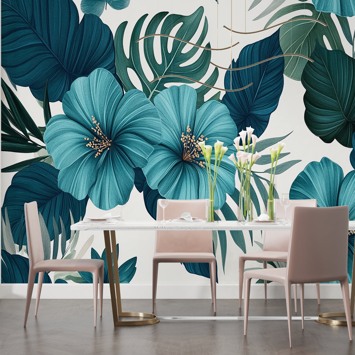 Hibiscus wall mural creating a spa-like feel in a modern bathroom setting