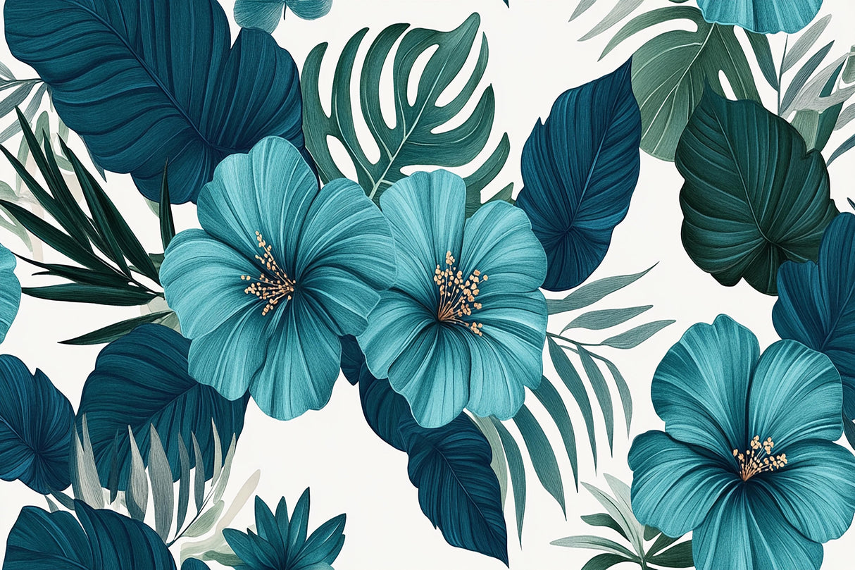 Turquoise hibiscus and monstera leaves design file showing intricate pattern details