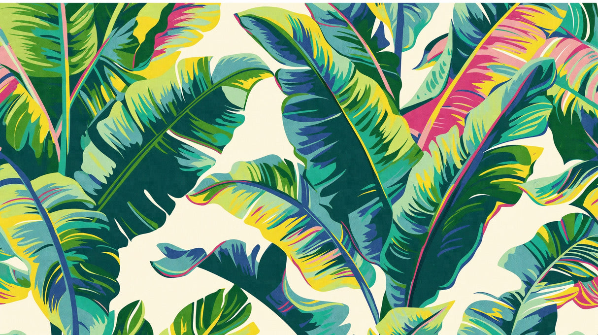 Tropical banana leaf wallpaper creating a fresh modern look in a bright living room with white furniture