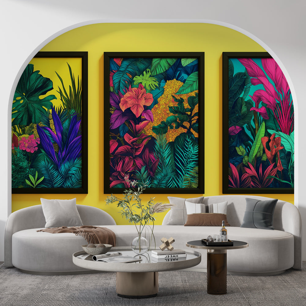 Tropical jungle wallpaper with vibrant florals creating a bold statement in a modern living room with natural light