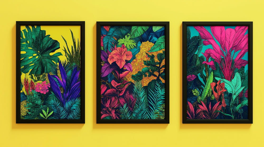 Tropical jungle wallpaper design file showing detailed yellow background with purple and emerald botanical pattern