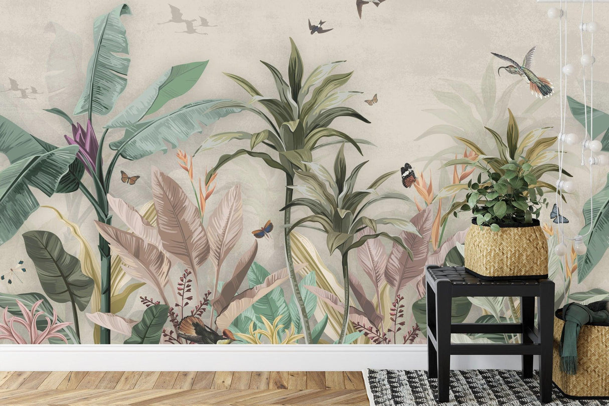 Tropical paradise wallpaper with vintage birds and butterflies creating a peaceful atmosphere in a modern living room