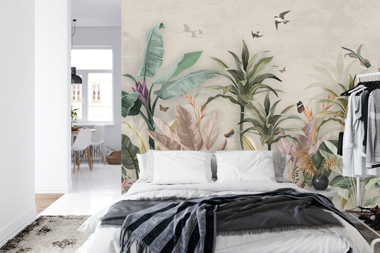 Botanical wall mural with birds and butterflies adding natural charm to a bright bedroom