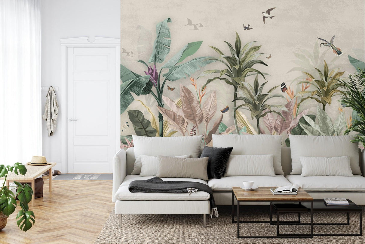 Nature wall mural featuring vintage botanical design transforming a dining room