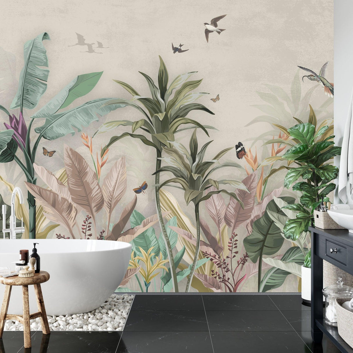 Vintage birds and butterflies wallpaper bringing tropical vibes to a home office