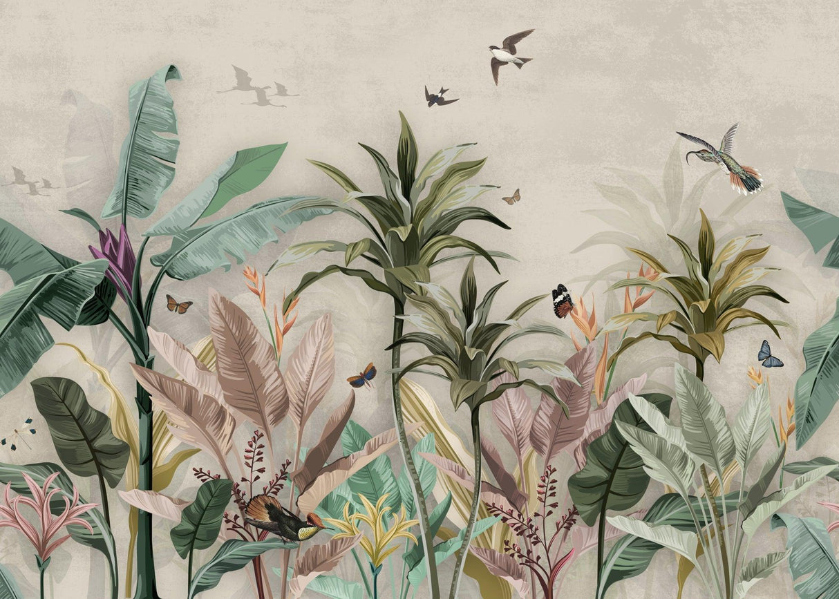 Design file showing detailed tropical birds and butterflies pattern on soft beige background