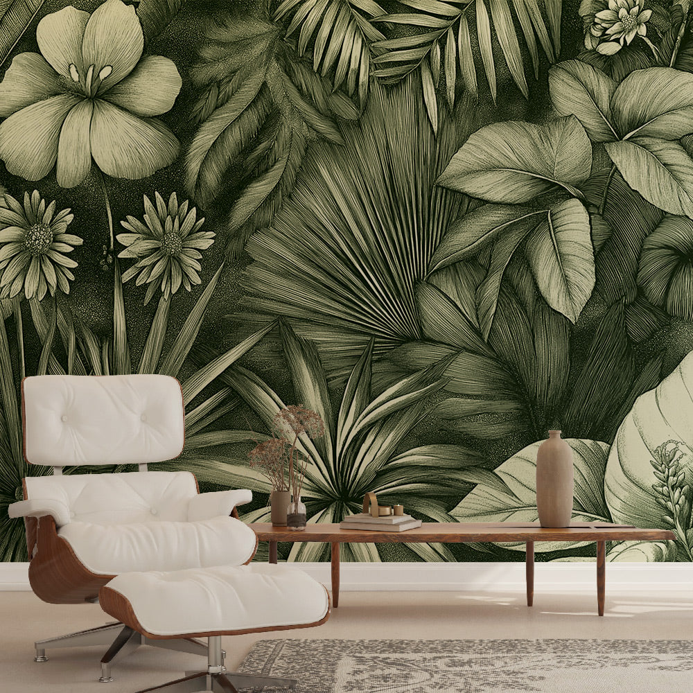 Tropical botanical wallpaper with vintage green engravings creating a sophisticated atmosphere in a modern living room