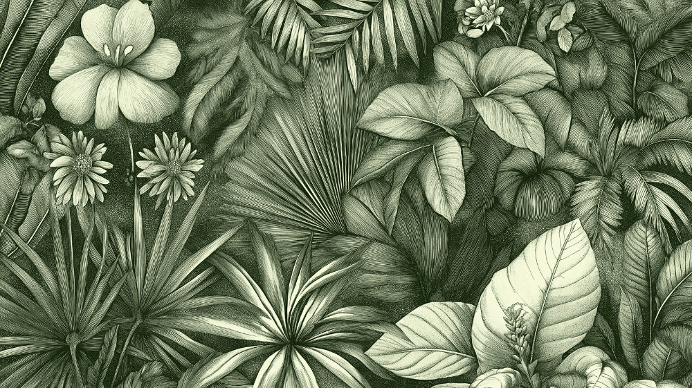 Vintage botanical green engraving design file showing intricate tropical leaf pattern and detailed artwork
