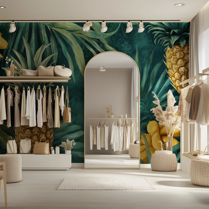 Tropical leaf wallpaper with golden pineapples creating a luxurious atmosphere in a modern living room