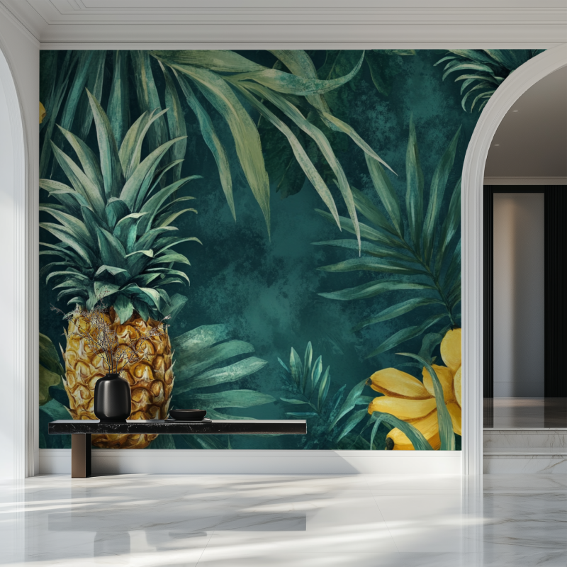 Tropical palm wallpaper transforming a home office into an exotic retreat