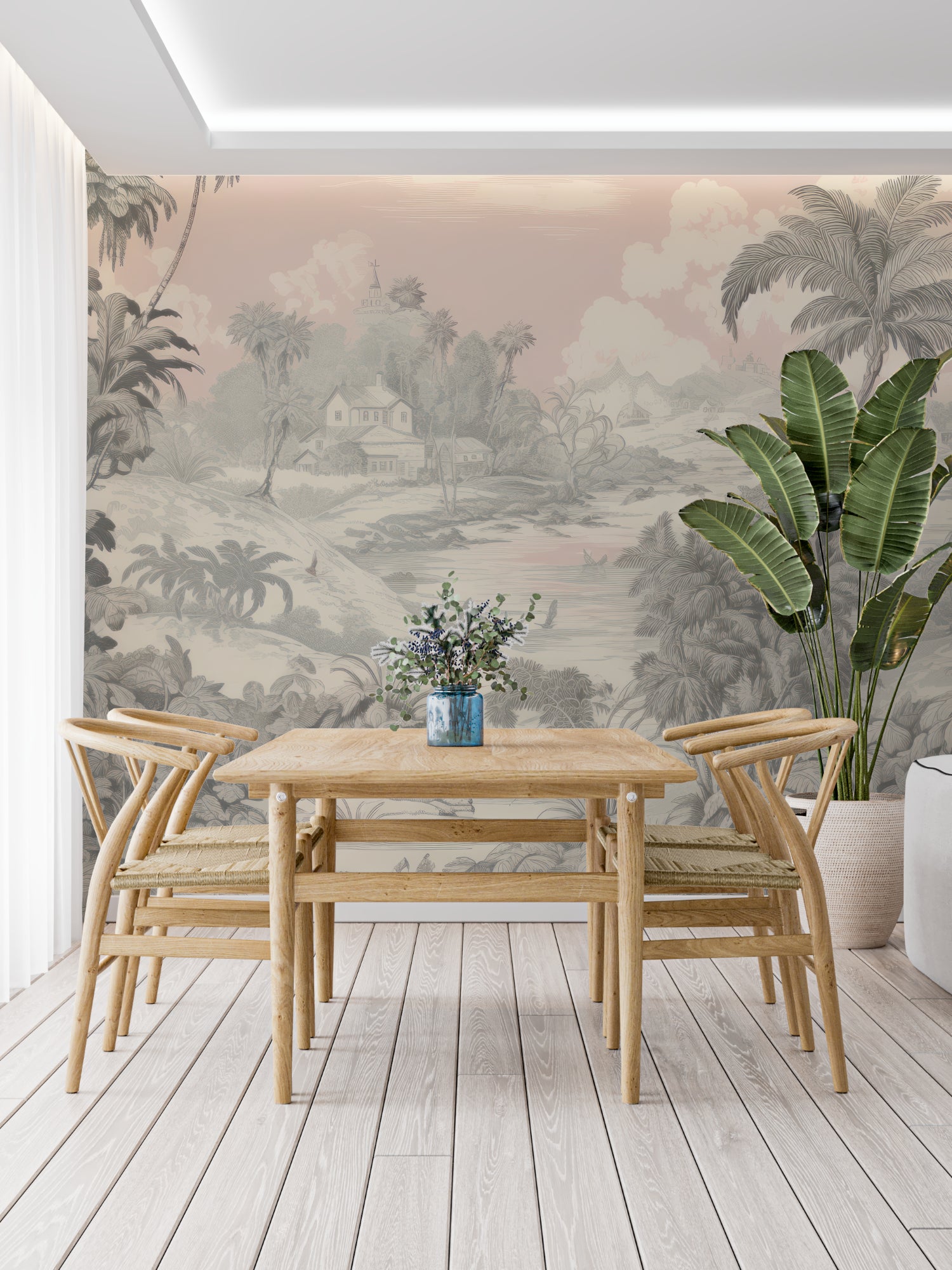 Vintage tropical wallpaper transforming a dining room with soft beige tones