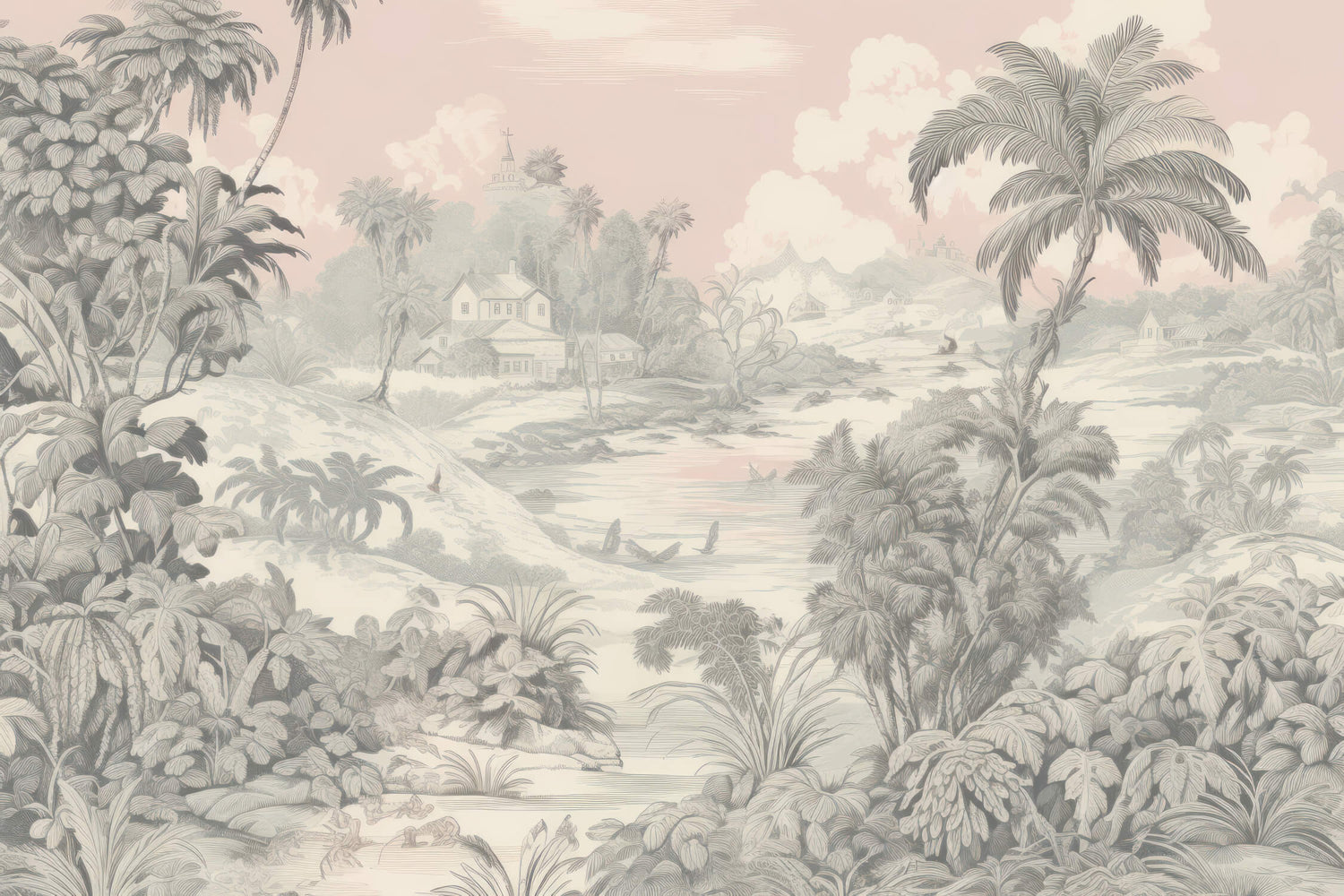 Design file of vintage palm trees landscape wallpaper pattern in soft beige tones