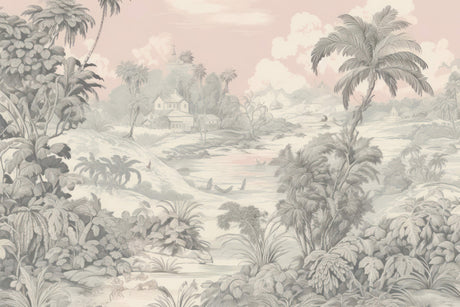 Design file of vintage palm trees landscape wallpaper pattern in soft beige tones