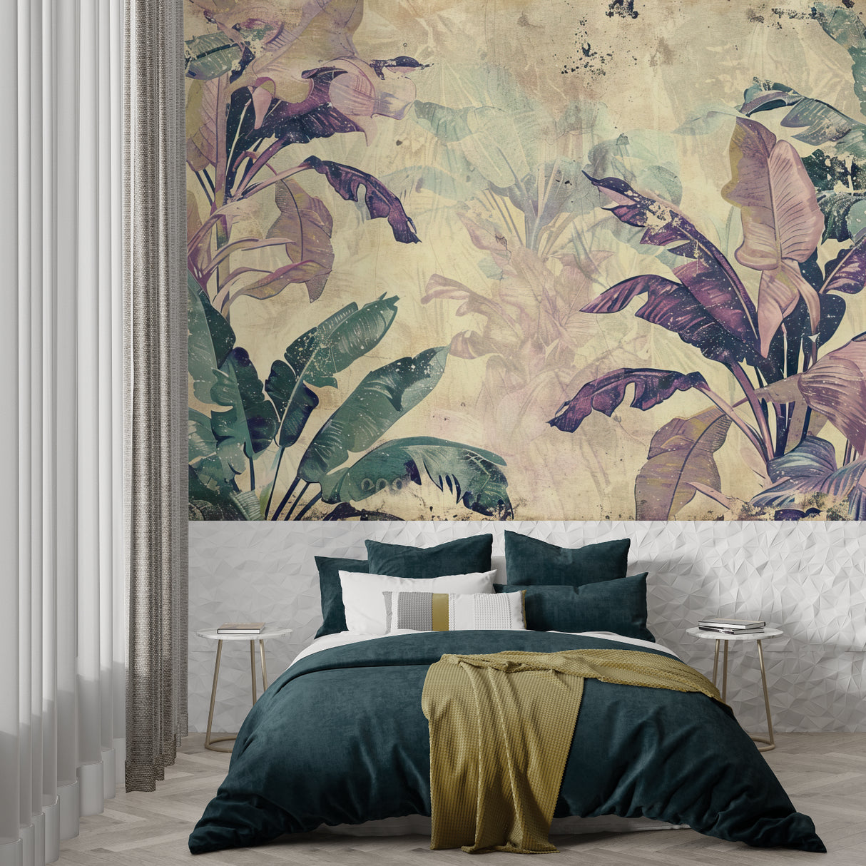 Vintage tropical wallpaper with purple leaves in cozy bedroom setting