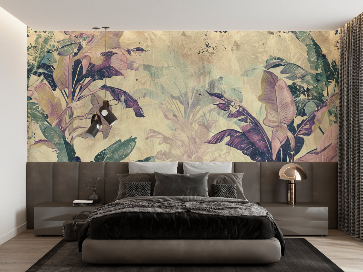 Botanical wall mural featuring purple palm leaves in dining room