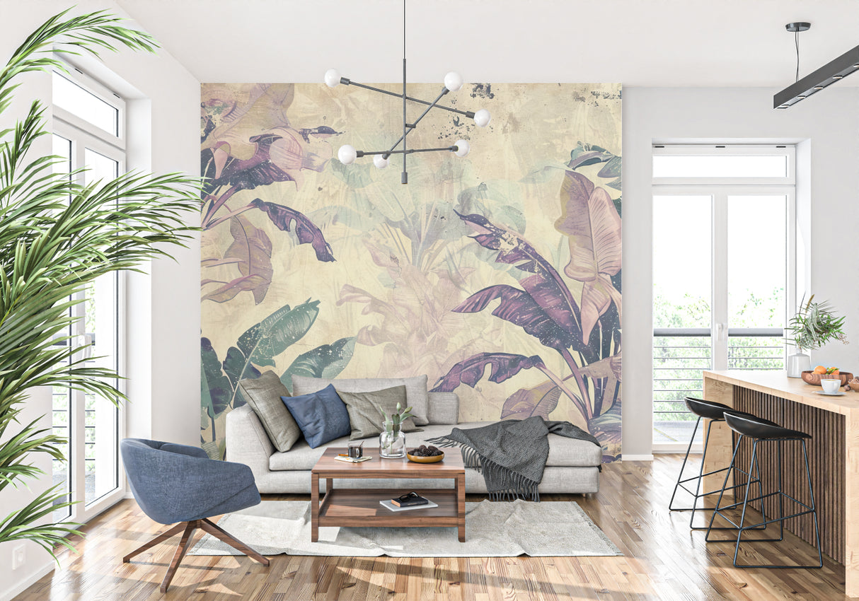 Purple and green palm leaf wallpaper in home office space