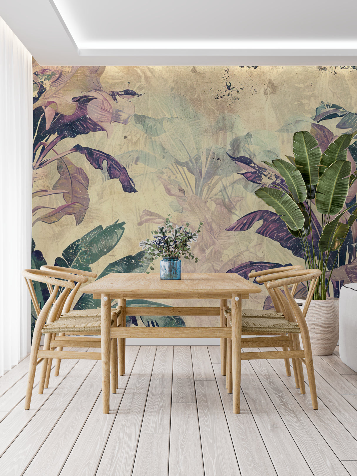 Tropical leaf wallpaper showcased in boutique entrance
