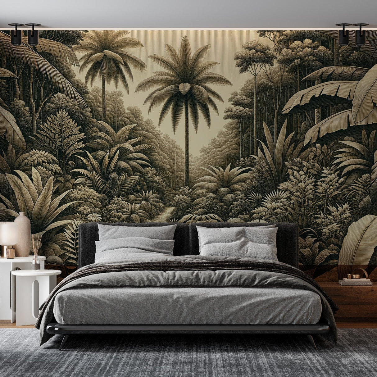 Tropical sepia jungle wallpaper creating a cozy atmosphere in a modern living room setting
