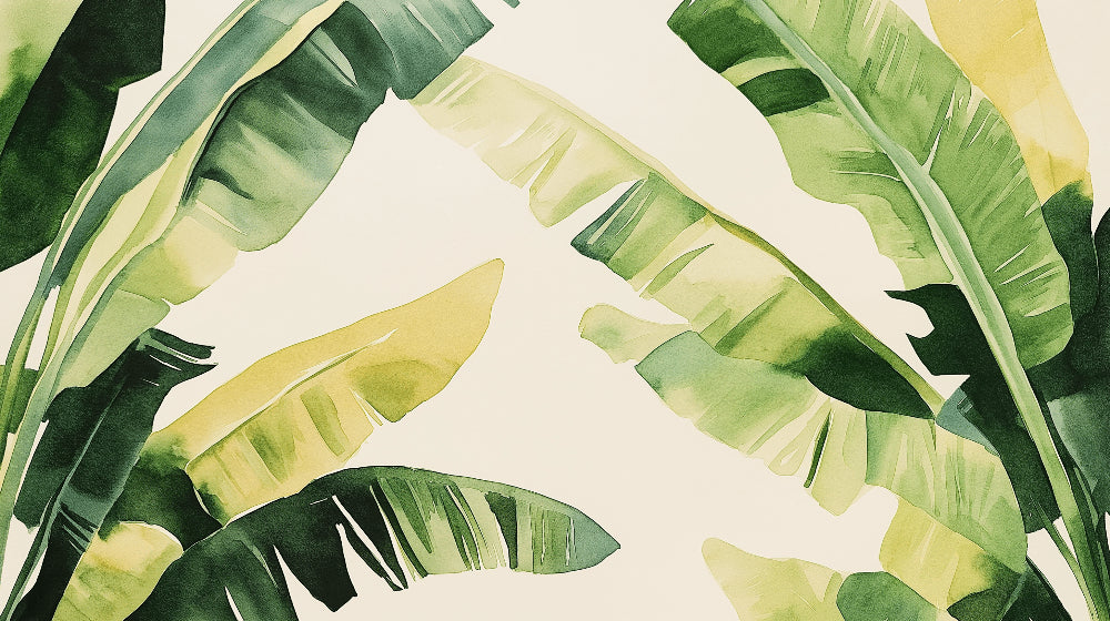Tropical banana leaf wallpaper in modern living room creating a fresh, natural atmosphere with soft green watercolor design