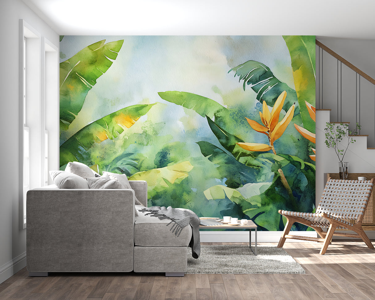 Tropical banana leaf wallpaper creating a bold statement in modern living room with natural light