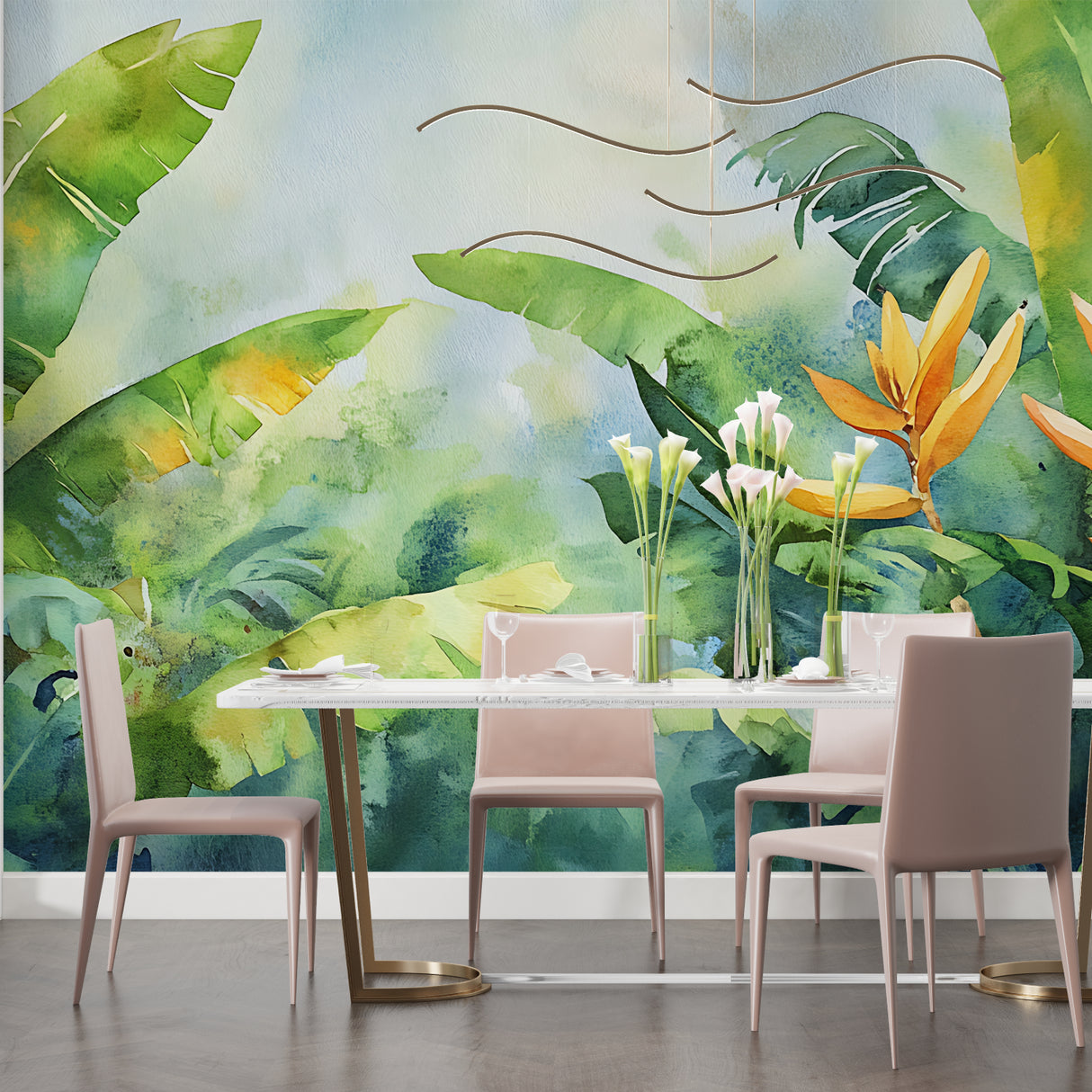Watercolor jungle mural brightening a cozy bedroom with birds of paradise