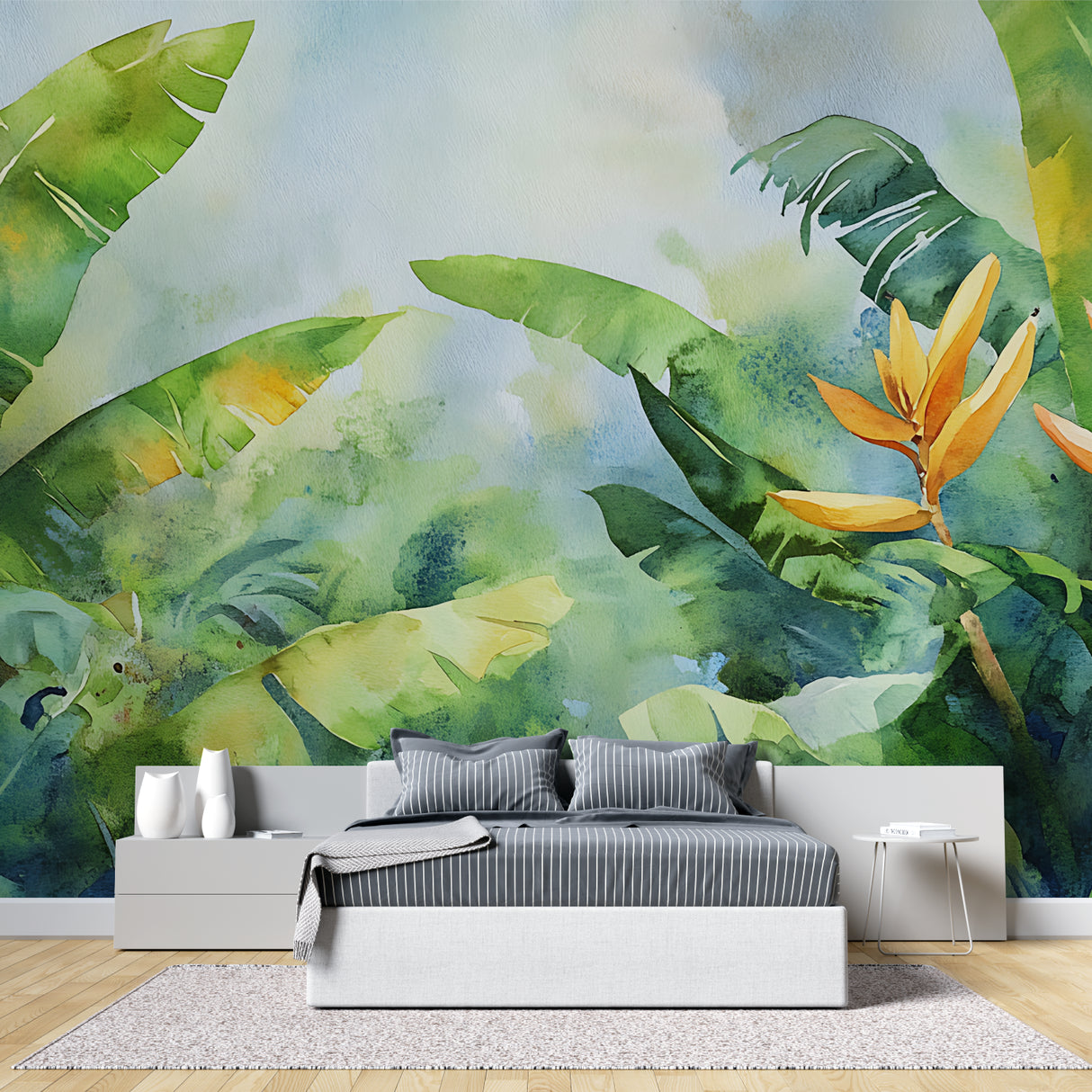 Botanical wall mural adding tropical charm to dining room setting