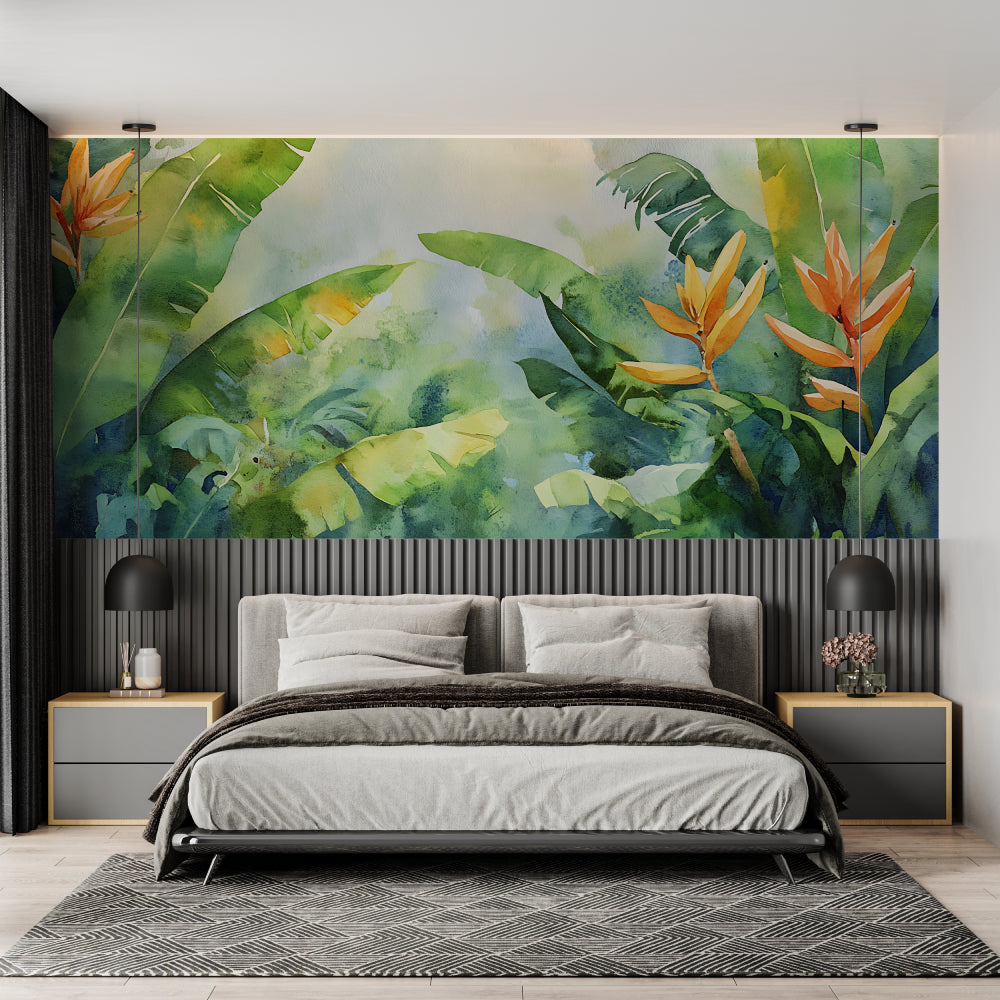 Paradise leaf wallpaper transforming home office into tropical oasis