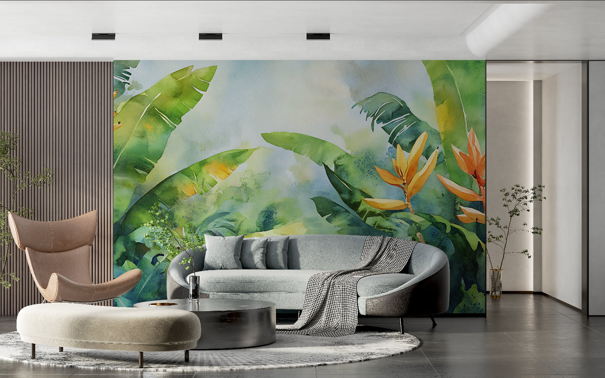 Fresh tropical mural creating resort feel in master bathroom