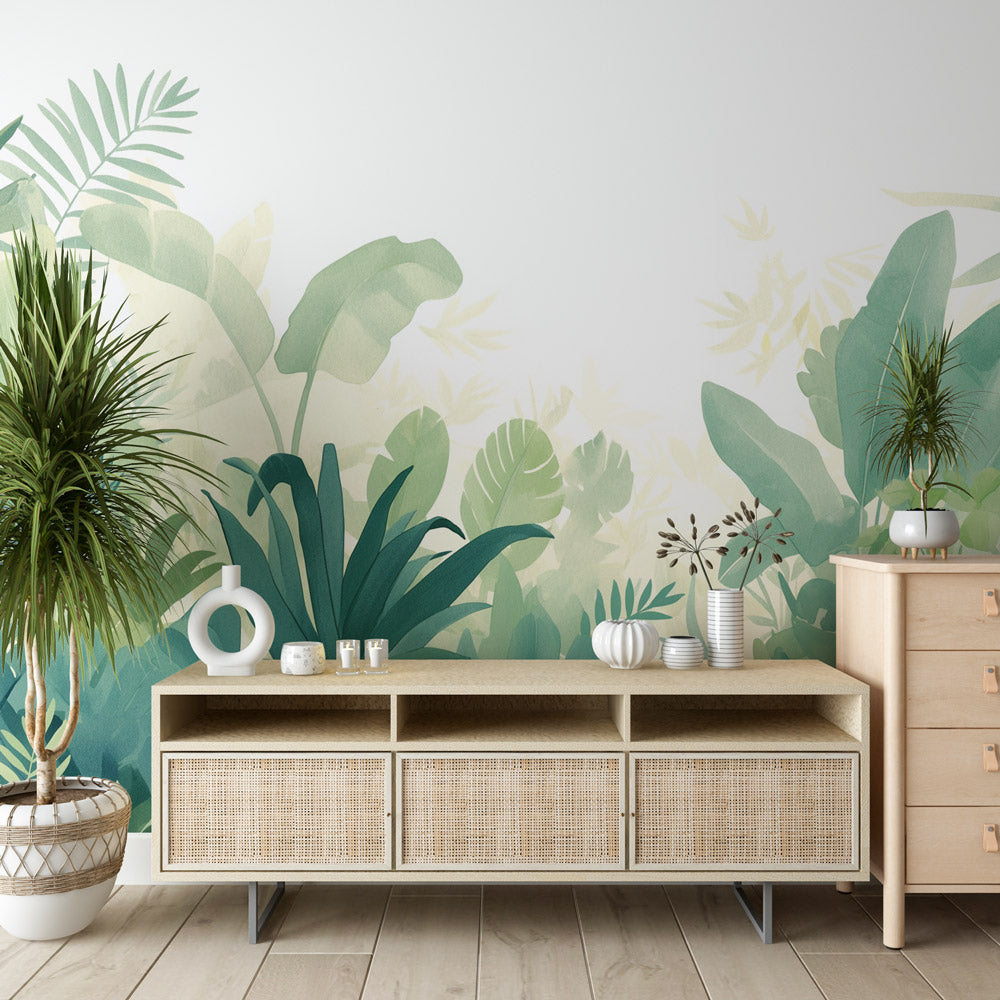Tropical jungle wallpaper creating a calm atmosphere in a modern living room with natural light
