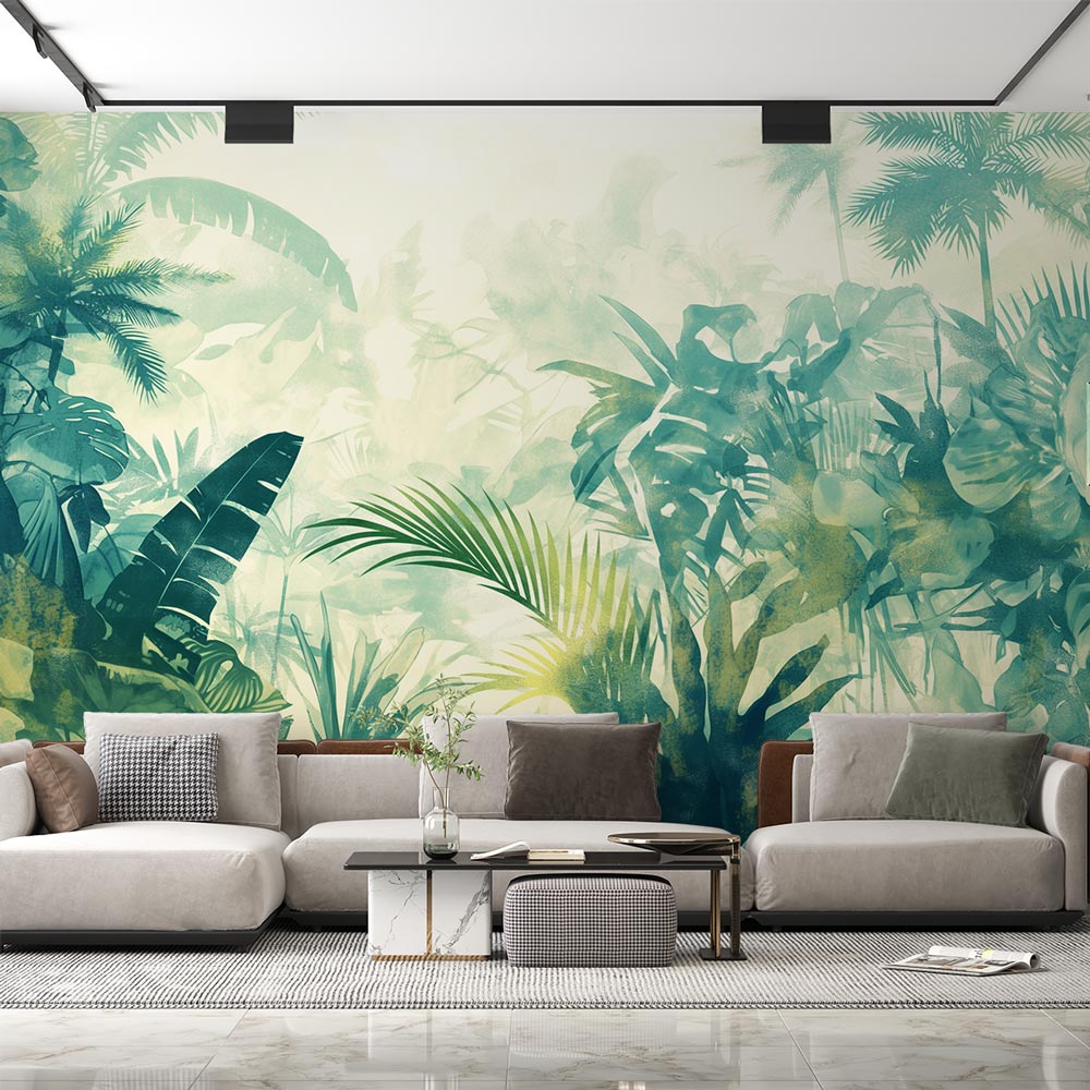 Tropical jungle wallpaper creating a serene atmosphere in a modern living room, with soft watercolor palm leaves and natural light