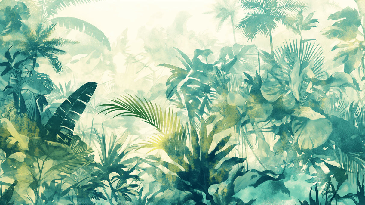 Tropical paradise wallpaper design file showing detailed watercolor jungle leaves pattern