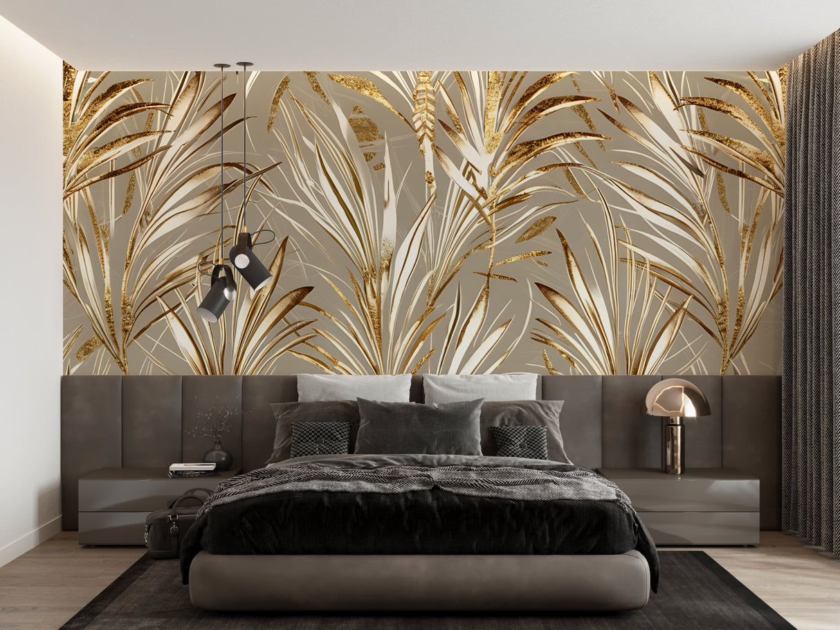 Tropical palm leaf wallpaper with gold accents in modern living room setting with natural light