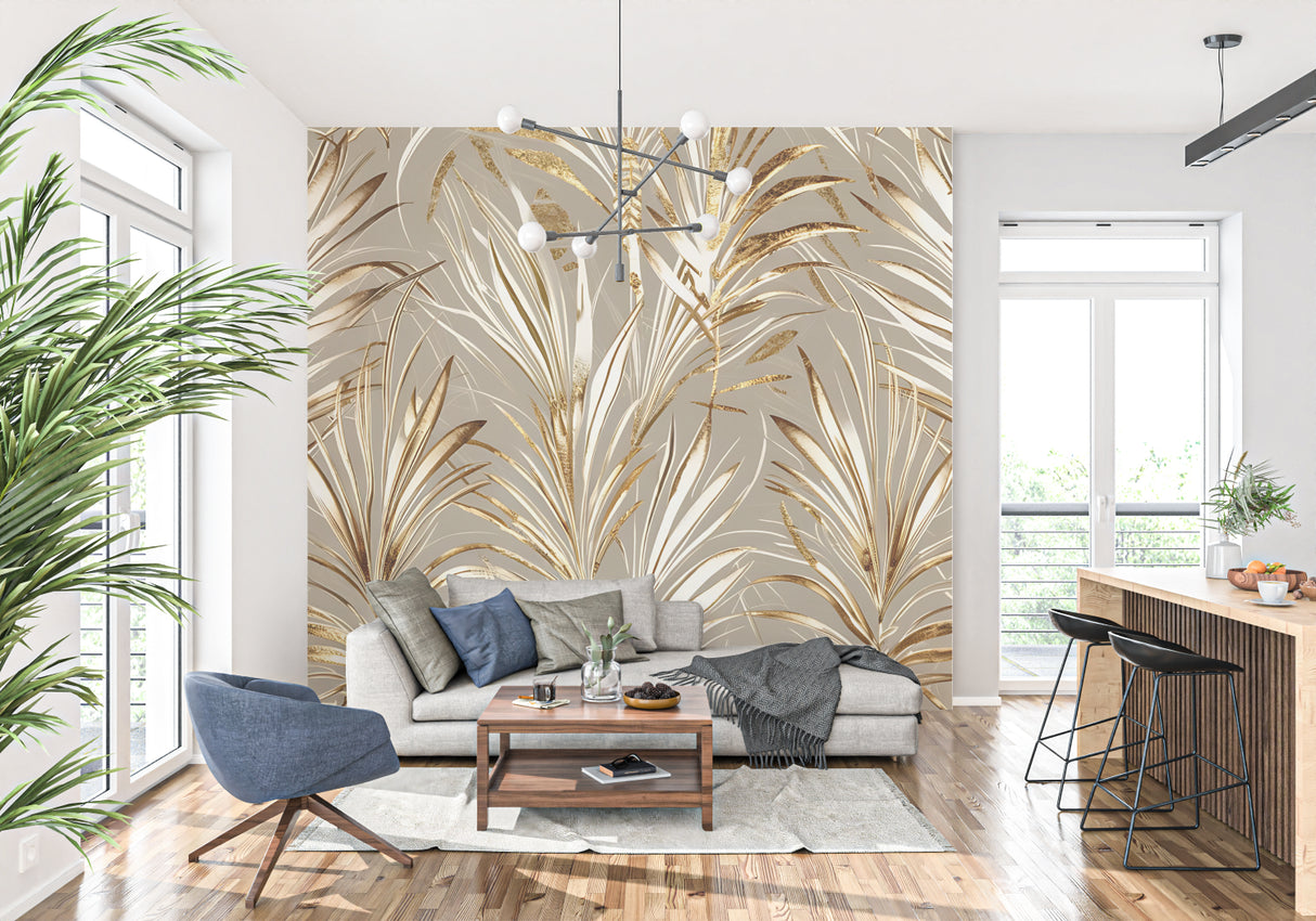 Elegant gold and white palm wallpaper in master bedroom with soft lighting