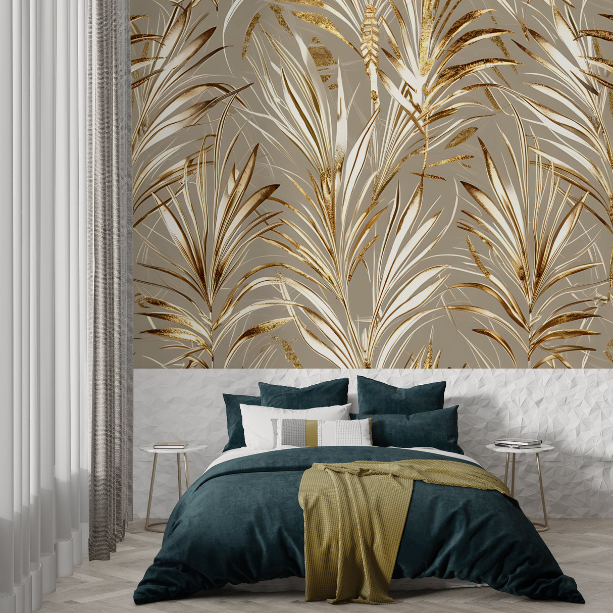 White and gold palm leaf mural in minimalist home office setting