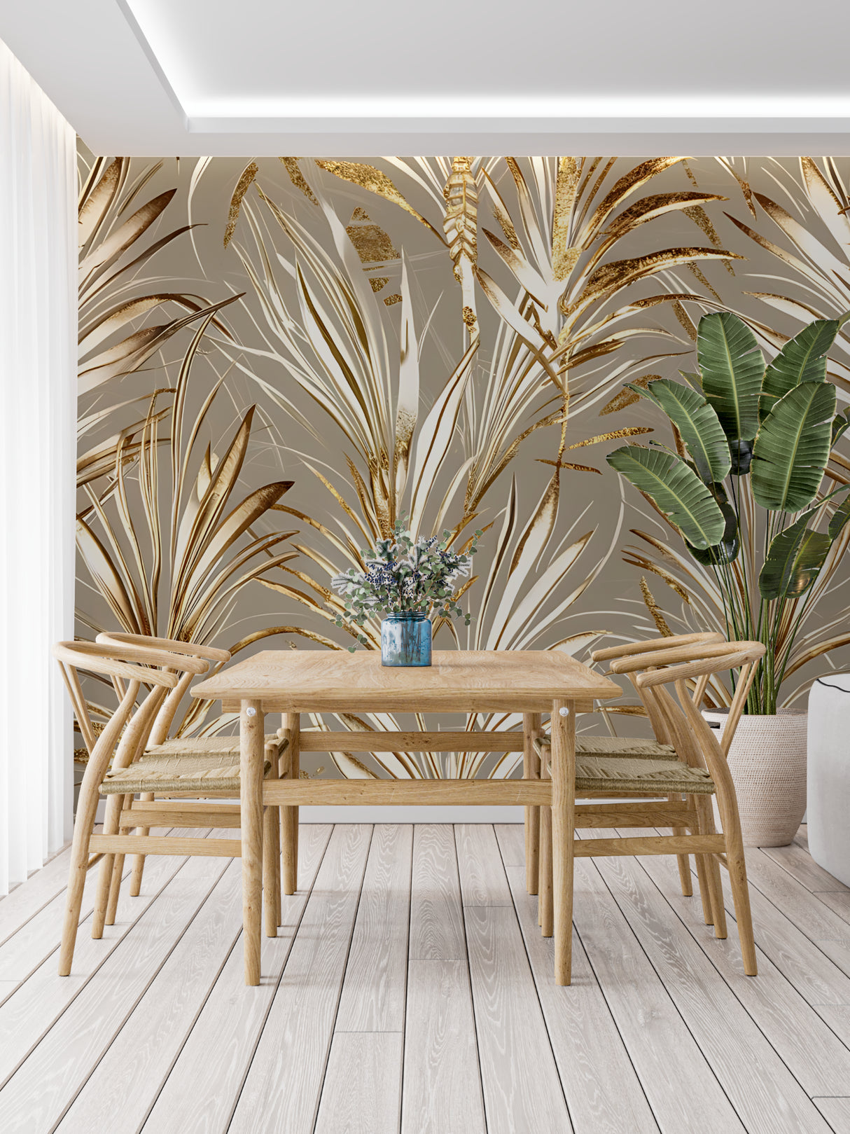 Modern botanical wallpaper installation in bright entryway