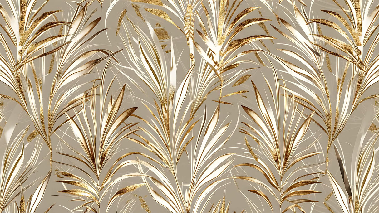 Design file of white palm leaves with metallic gold accents on grey background
