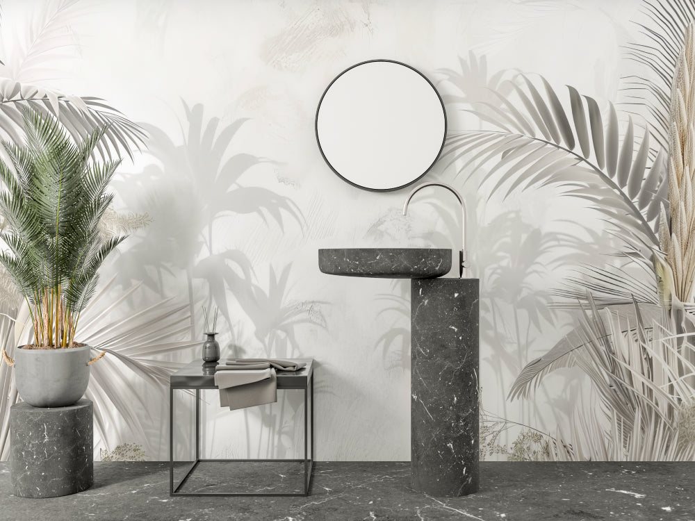 White Palm Leaves Wallpaper bringing coastal charm to a bright living room setting