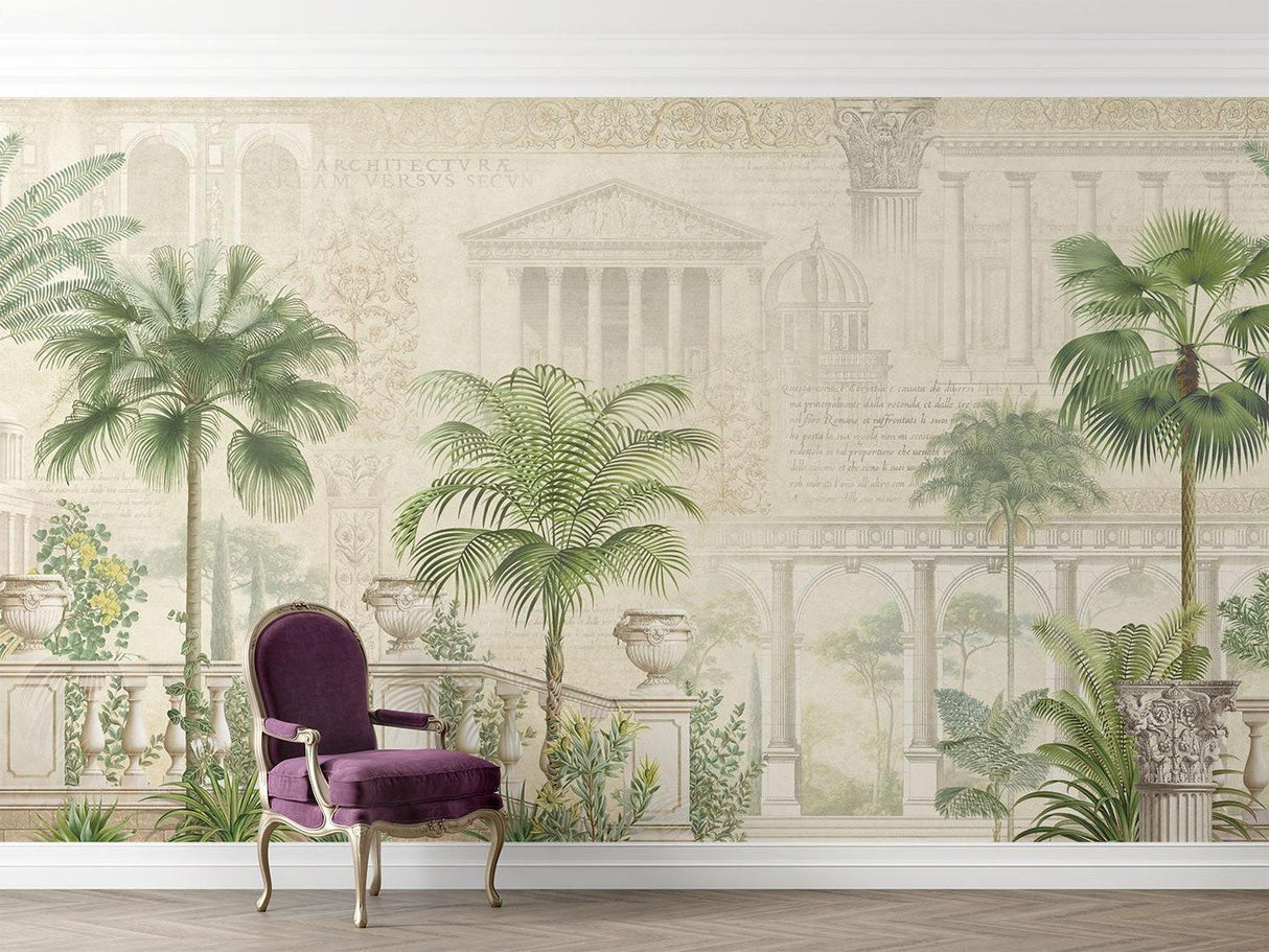 Tropical Palace Mural Wallpaper creating luxury atmosphere in modern living room with high ceilings