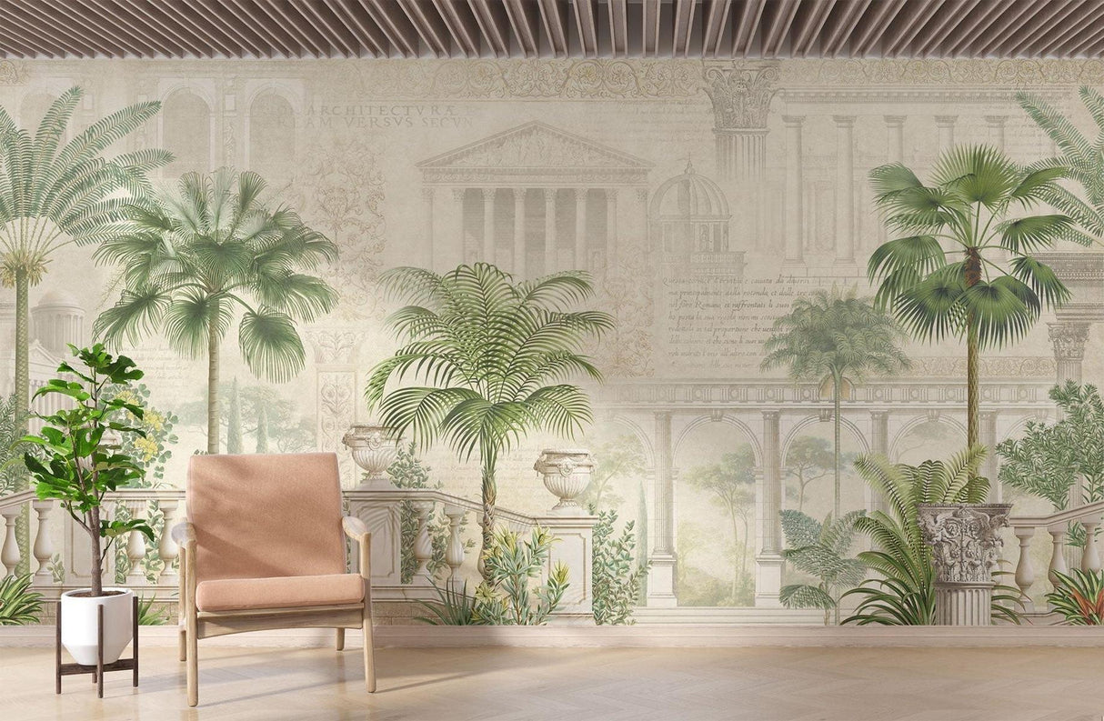 Classical architectural wallpaper with palm trees brightening elegant dining room