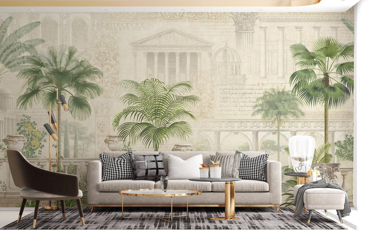 Palm garden mural wallpaper transforming hotel lobby entrance