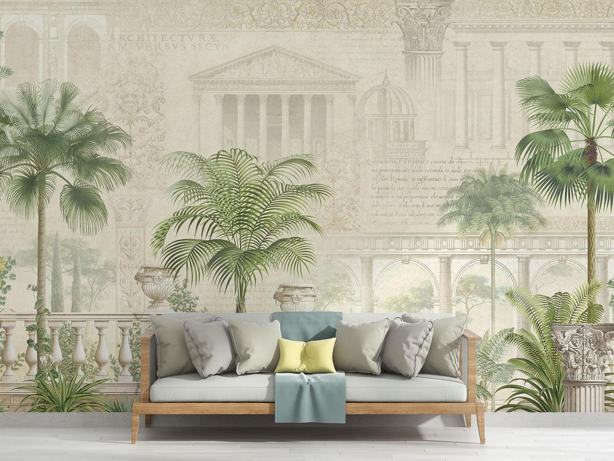 Tropical architectural wallpaper making statement in master bedroom