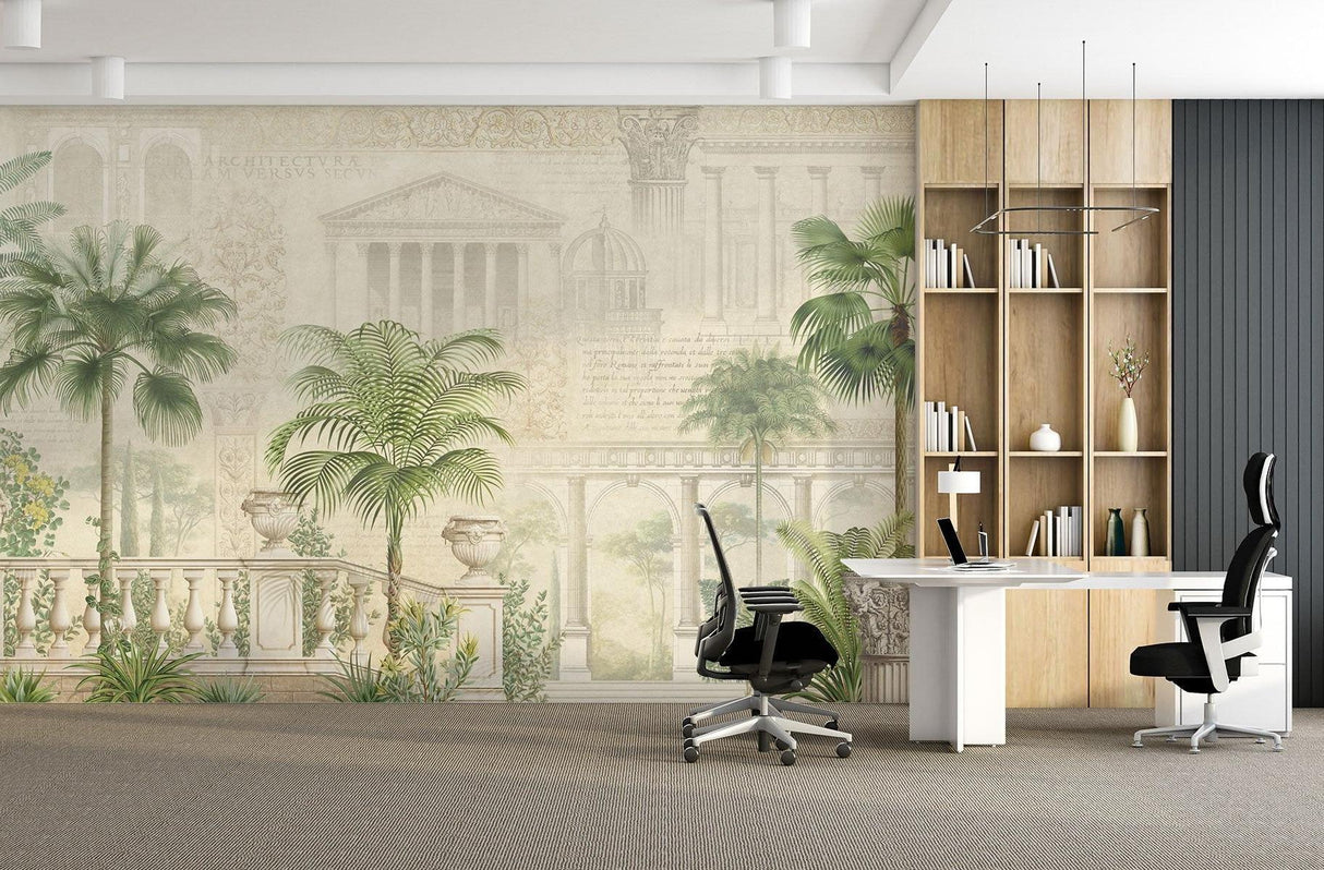 Classical palm tree mural adding depth to office space