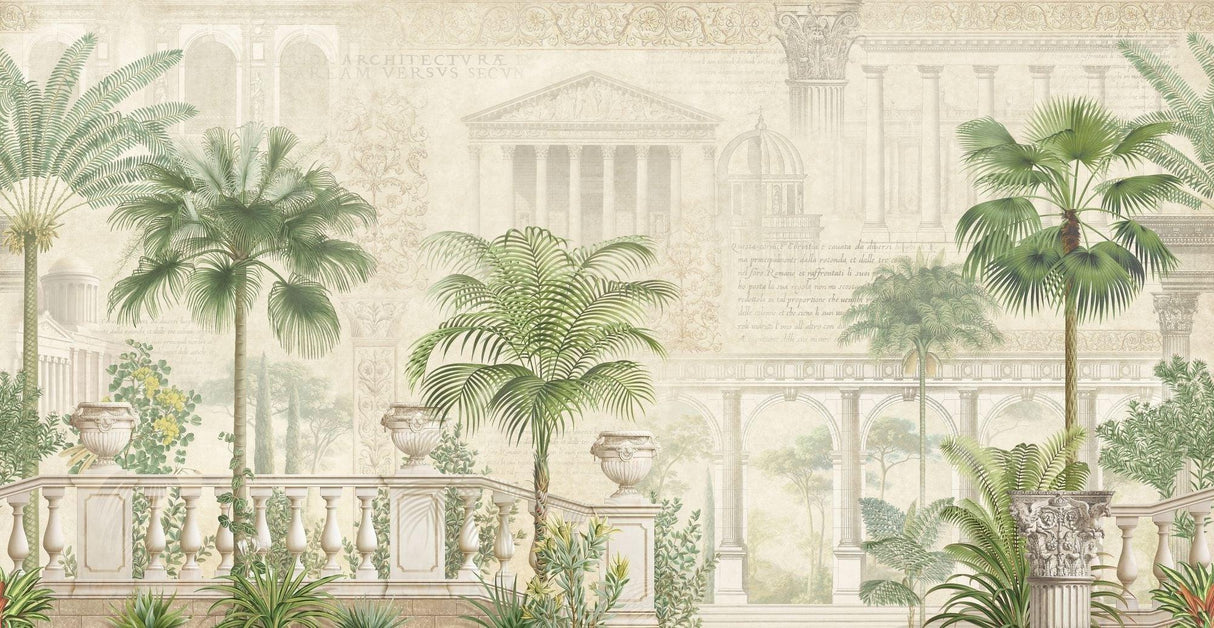 Design file showing detailed classical architecture and palm trees pattern