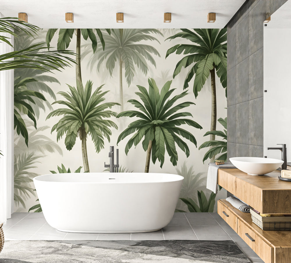 Green palm wallpaper creating depth in a dining room with wooden furniture