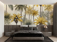 Tropical palm wallpaper creating a luxurious atmosphere in a modern living room with golden and grey tones