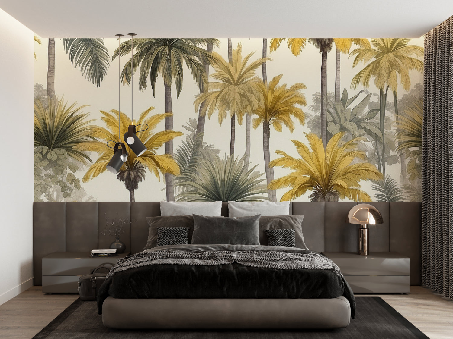 Tropical palm wallpaper creating a luxurious atmosphere in a modern living room with golden and grey tones