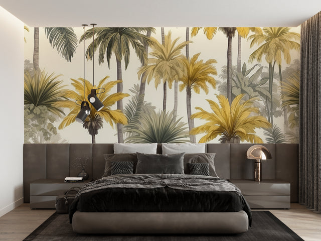 Tropical palm wallpaper creating a luxurious atmosphere in a modern living room with golden and grey tones