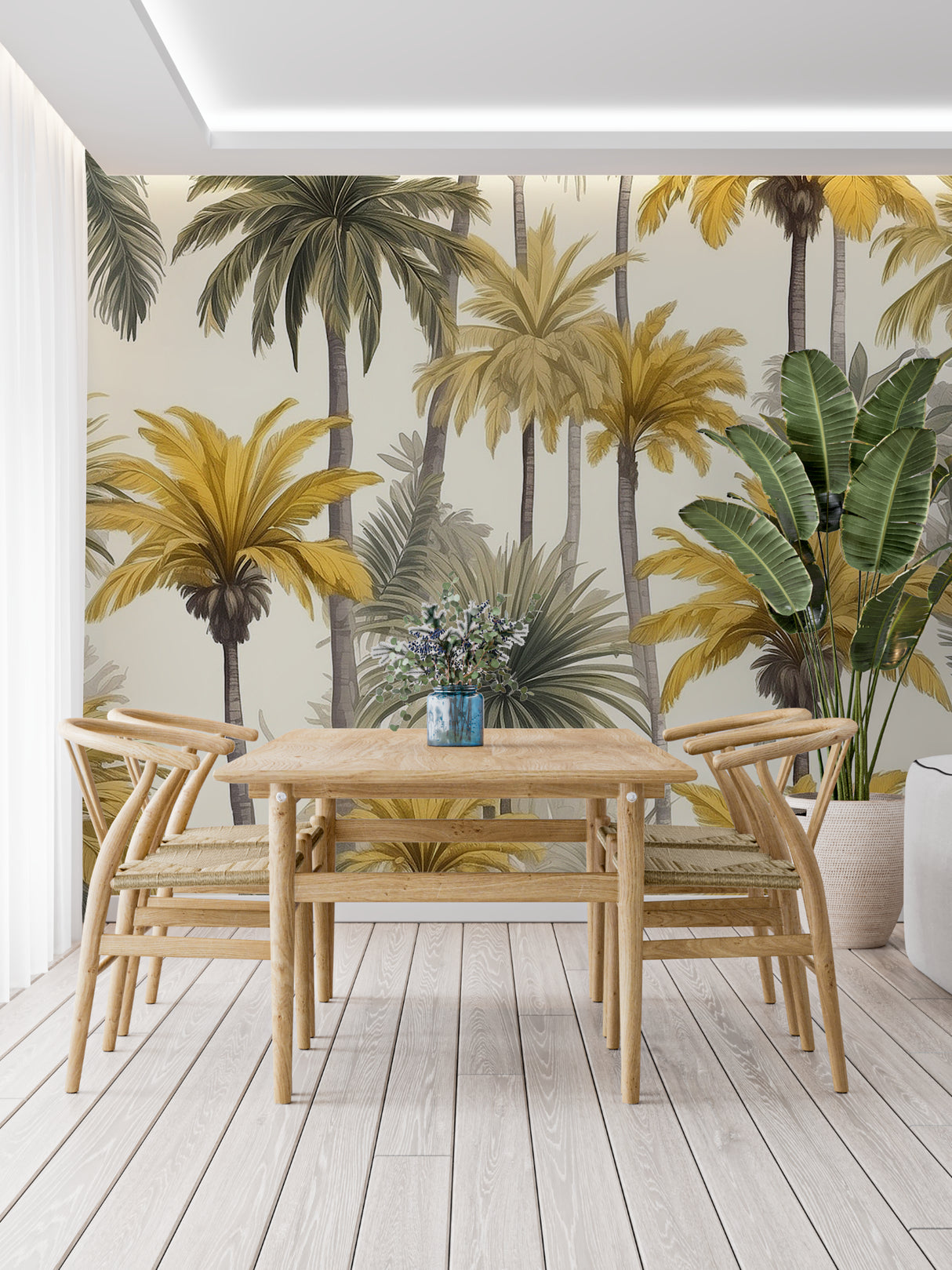 Palm leaf mural wallpaper making a stunning backdrop in a master bedroom with soft lighting